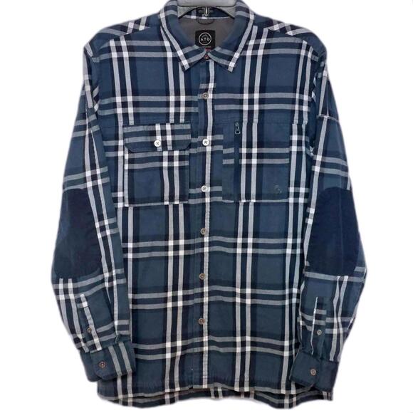 ATG‎ Wrangler Terrain Gear Blue Plaid Flannel Shirt Elbow Patches Mens - Picture 1 of 8